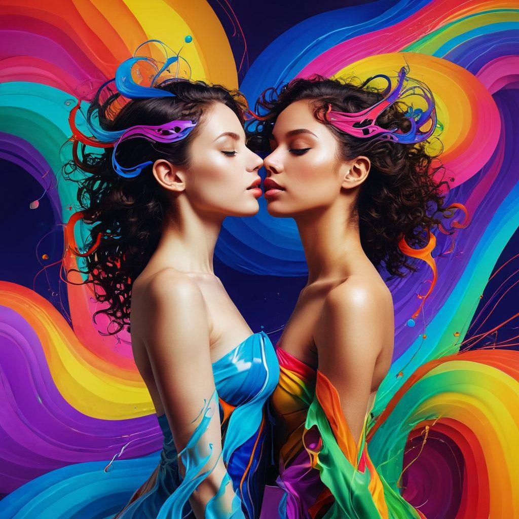 A surreal and vibrant collage of abstract animations showcasing fluid, colorful bodies intertwined with musical notes and sound waves, symbolizing the fusion of sexual art and sound design. In the background, subtle hints of adult animation styles create an immersive experience, while a mystical nexus connects the elements. The overall tone is playful yet sophisticated, inviting curiosity and exploration. vibrant colors. digital illustration.