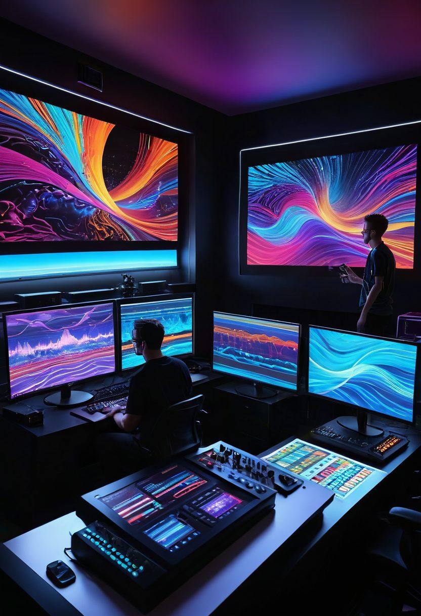 A captivating scene depicting a vibrant adult entertainment studio, with artists animating characters on digital screens and sound engineers mixing audio. The background features a blend of colorful animations and sound waves merging in harmony, capturing the essence of creativity and immersion. The atmosphere is lively and dynamic, showcasing collaboration and artistry in adult entertainment. super-realistic. vibrant colors. 3D.